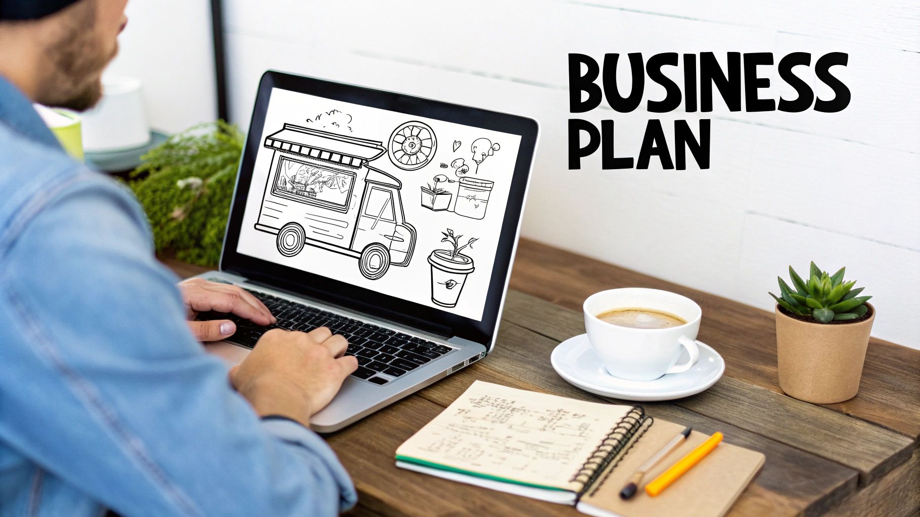 A person working on a laptop displaying a food truck business plan with coffee and a notebook on a desk.