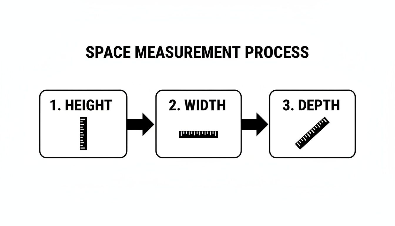 Flowchart showing three steps for space measurement: height, width, and depth, each with a ruler icon.