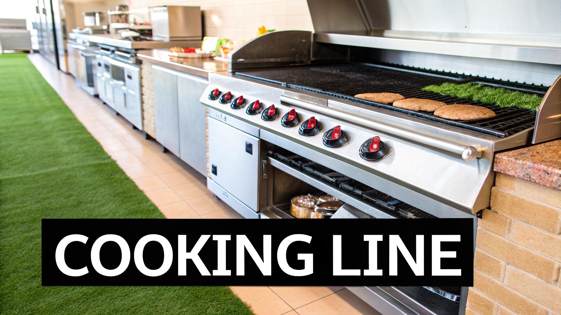 A modern restaurant kitchen cooking line featuring a large stainless steel grill with burger patties and a green turf floor.