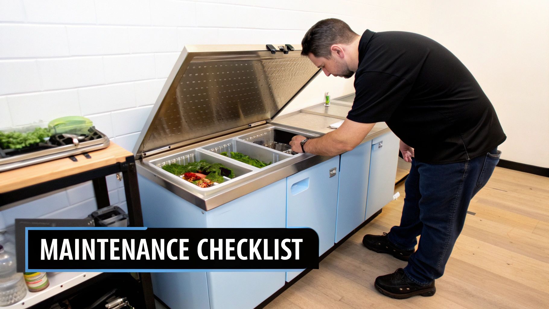 A technician cleaning the condenser coils of a commercial refrigerated prep table.