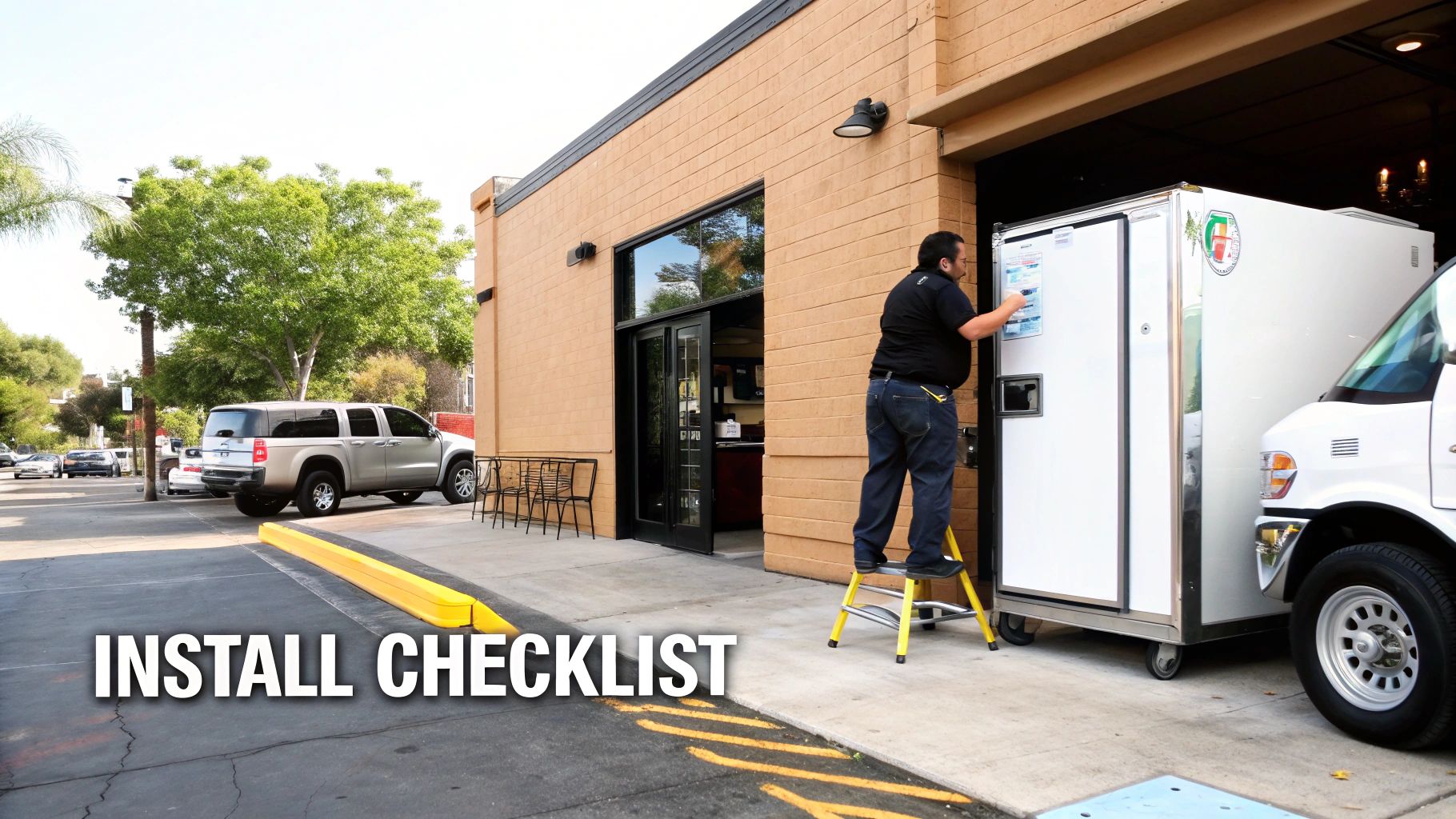 Technician on a ladder installing a commercial refrigerator from a delivery van into a building.