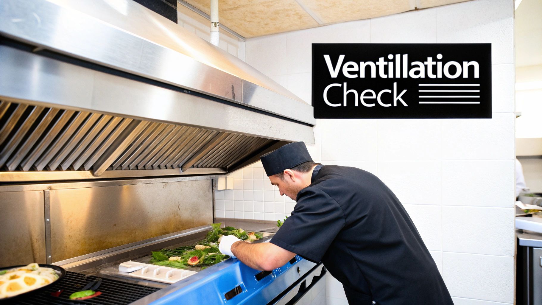 A commercial griddle being installed in a professional kitchen with proper ventilation.