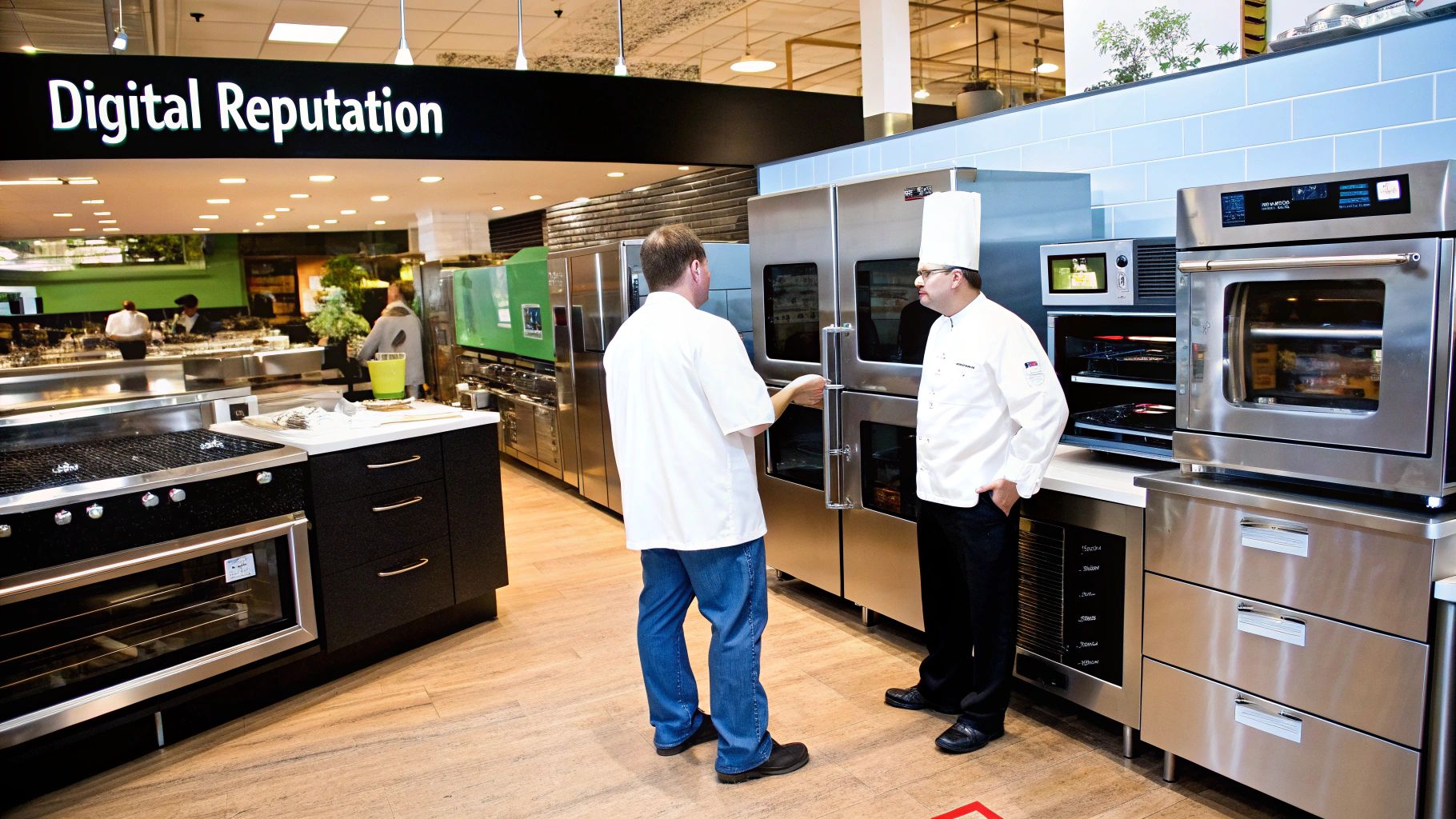 A restaurant owner using a tablet to browse equipment suppliers online, with logos of industry blogs and review sites floating in the background, representing off-page signals.
