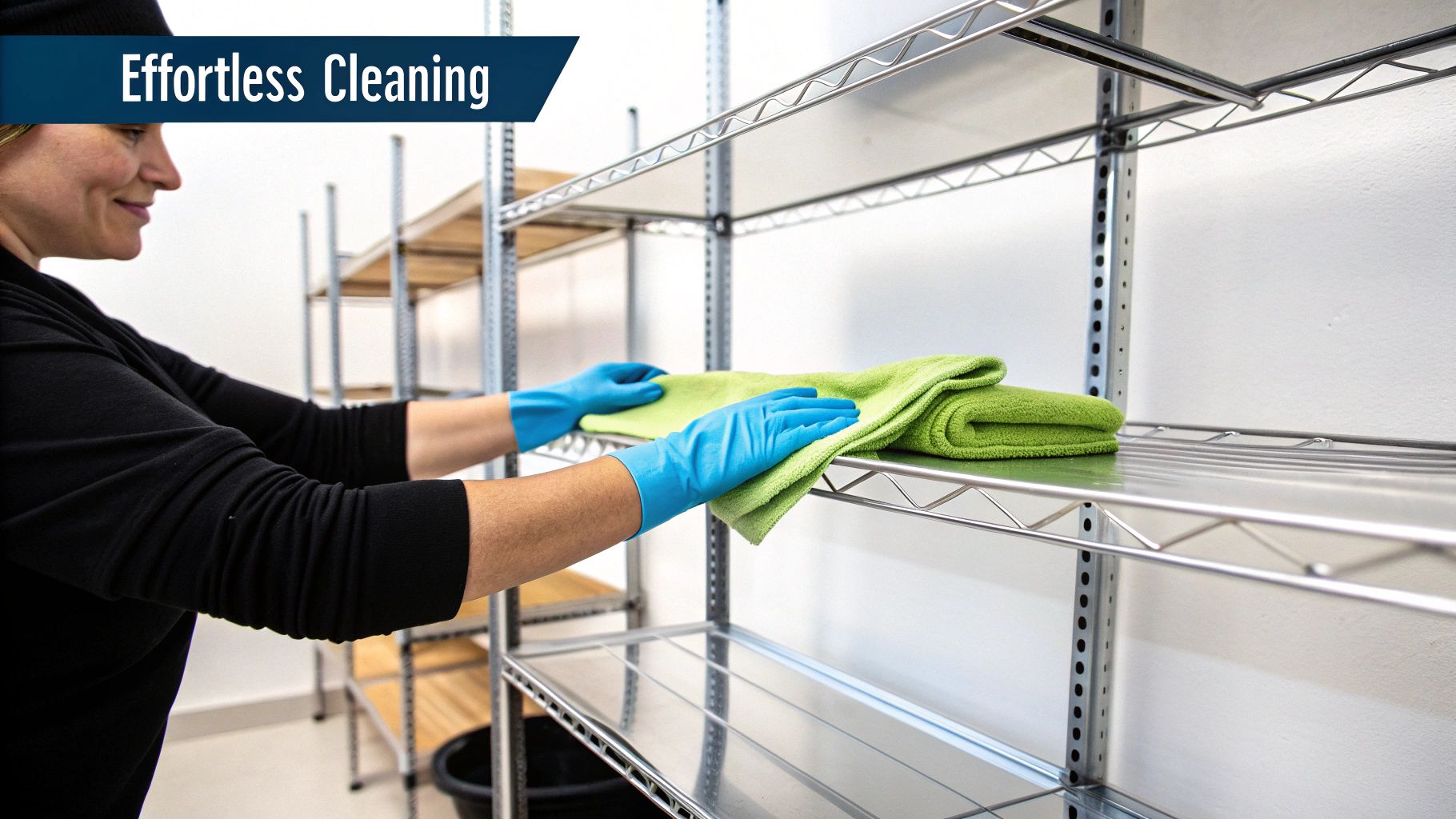 A person wiping down a clean stainless steel shelf unit with a soft cloth in a commercial kitchen setting.