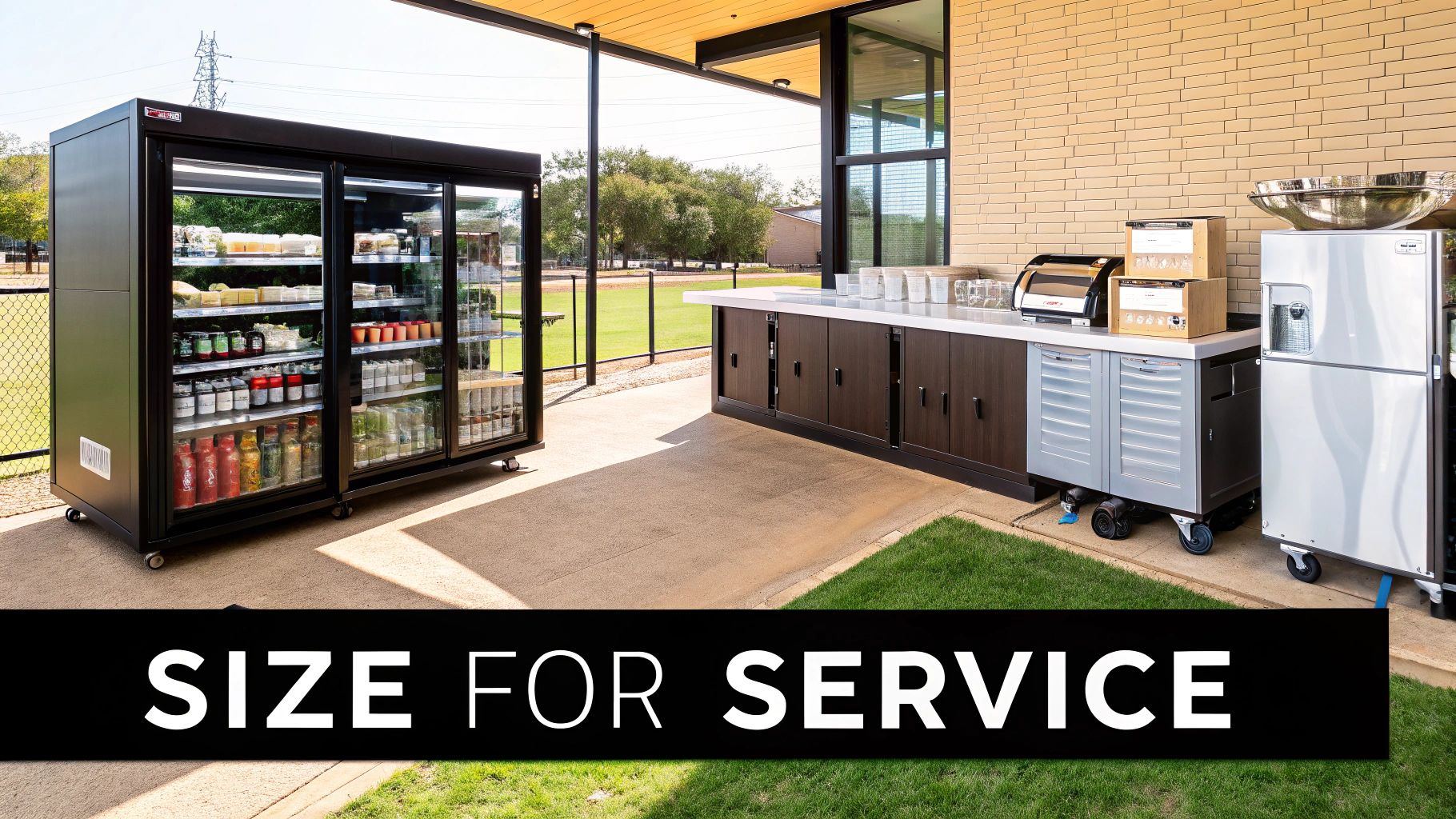 An outdoor commercial service area with a large display fridge, a counter with a toaster, and various fridges.