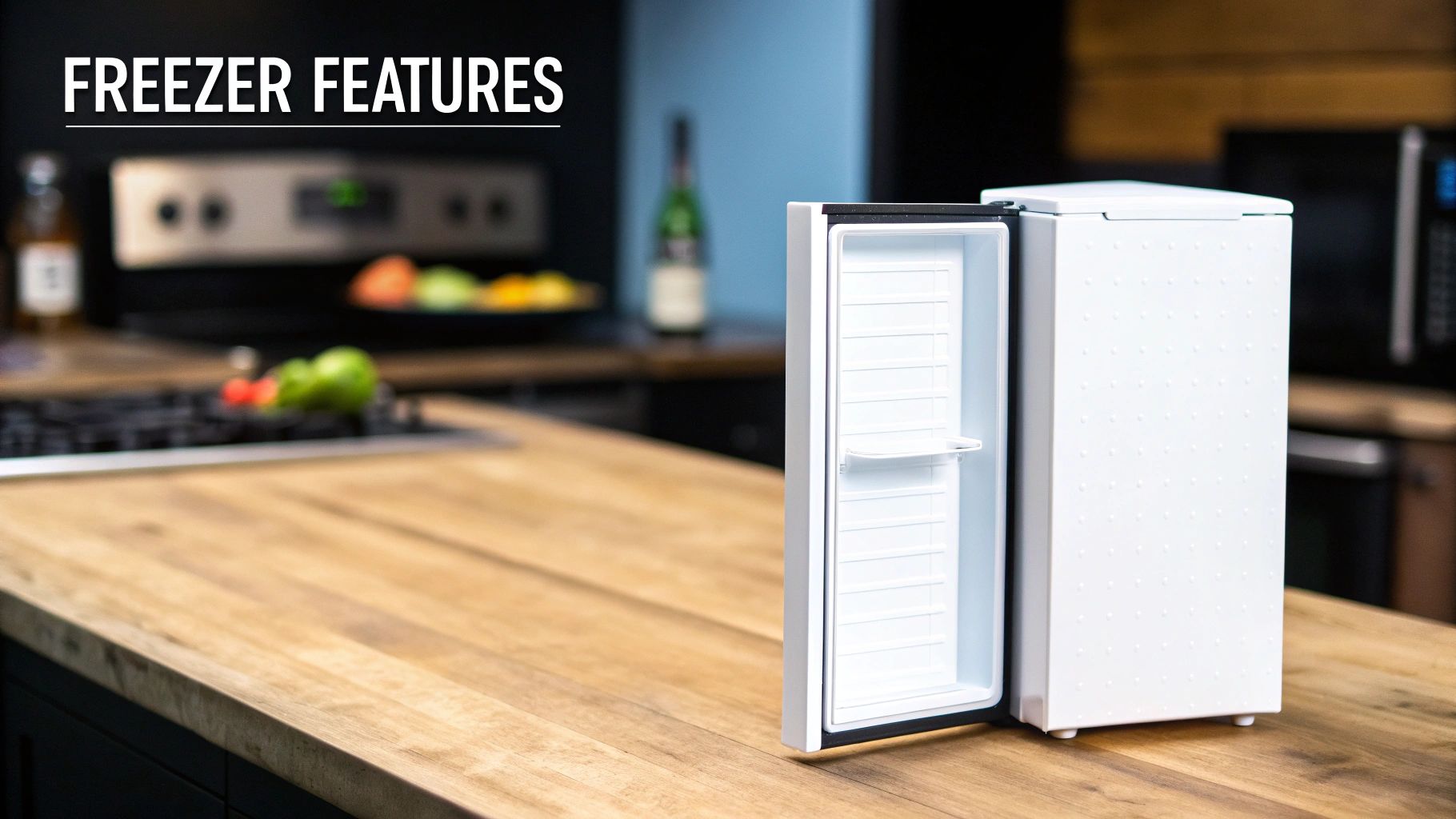 A small white freezer with its door open, showcasing its features on a wooden kitchen counter.
