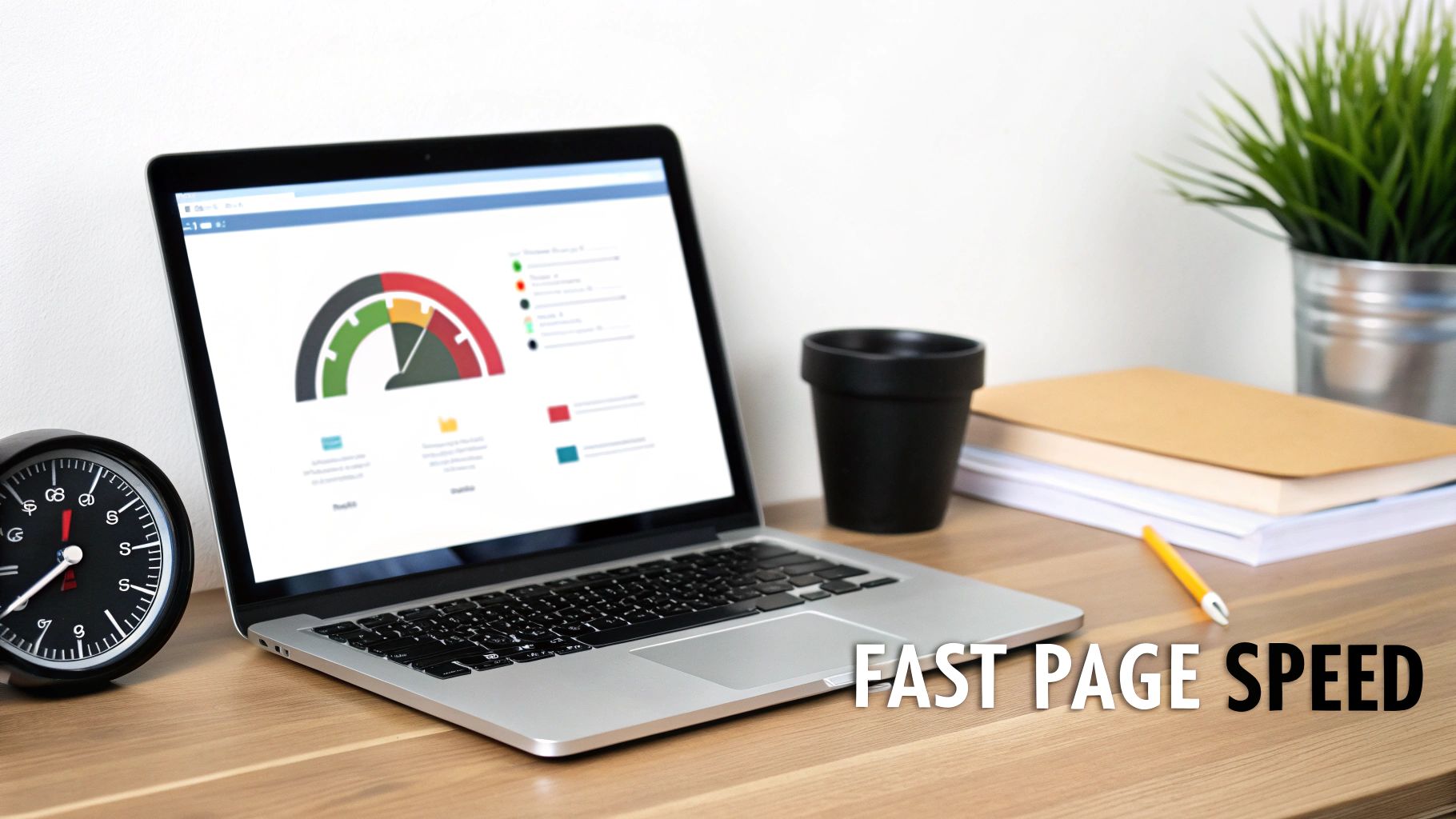 Laptop on a wooden desk displaying a page speed performance dashboard, indicating fast page speed.
