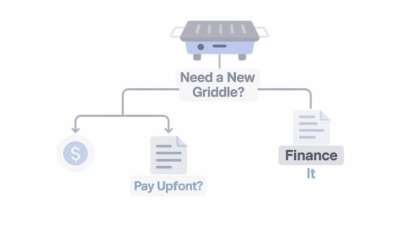 A flowchart illustrates options for acquiring a new griddle: 'Pay Upfront?' or 'Finance It'.