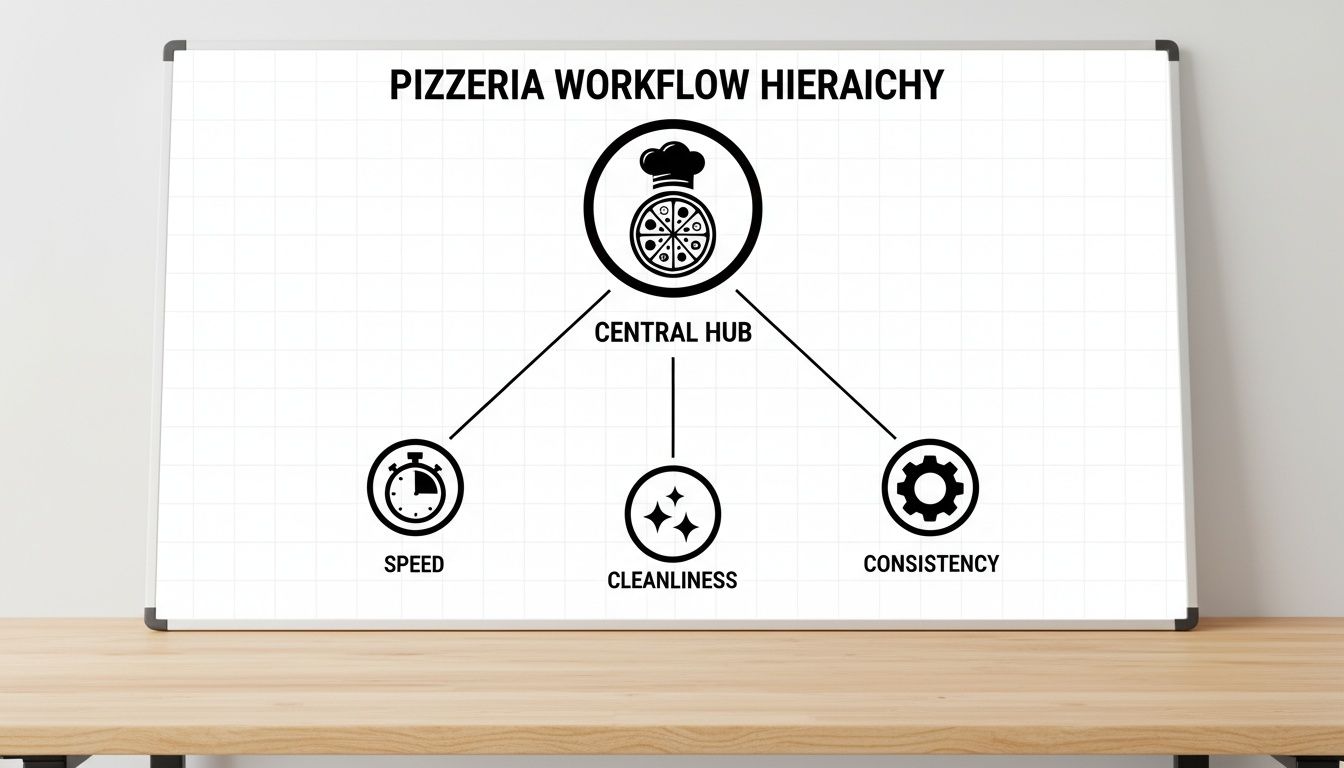 Pizzeria workflow hierarchy diagram with Central Hub linked to Speed, Cleanliness, and Consistency.
