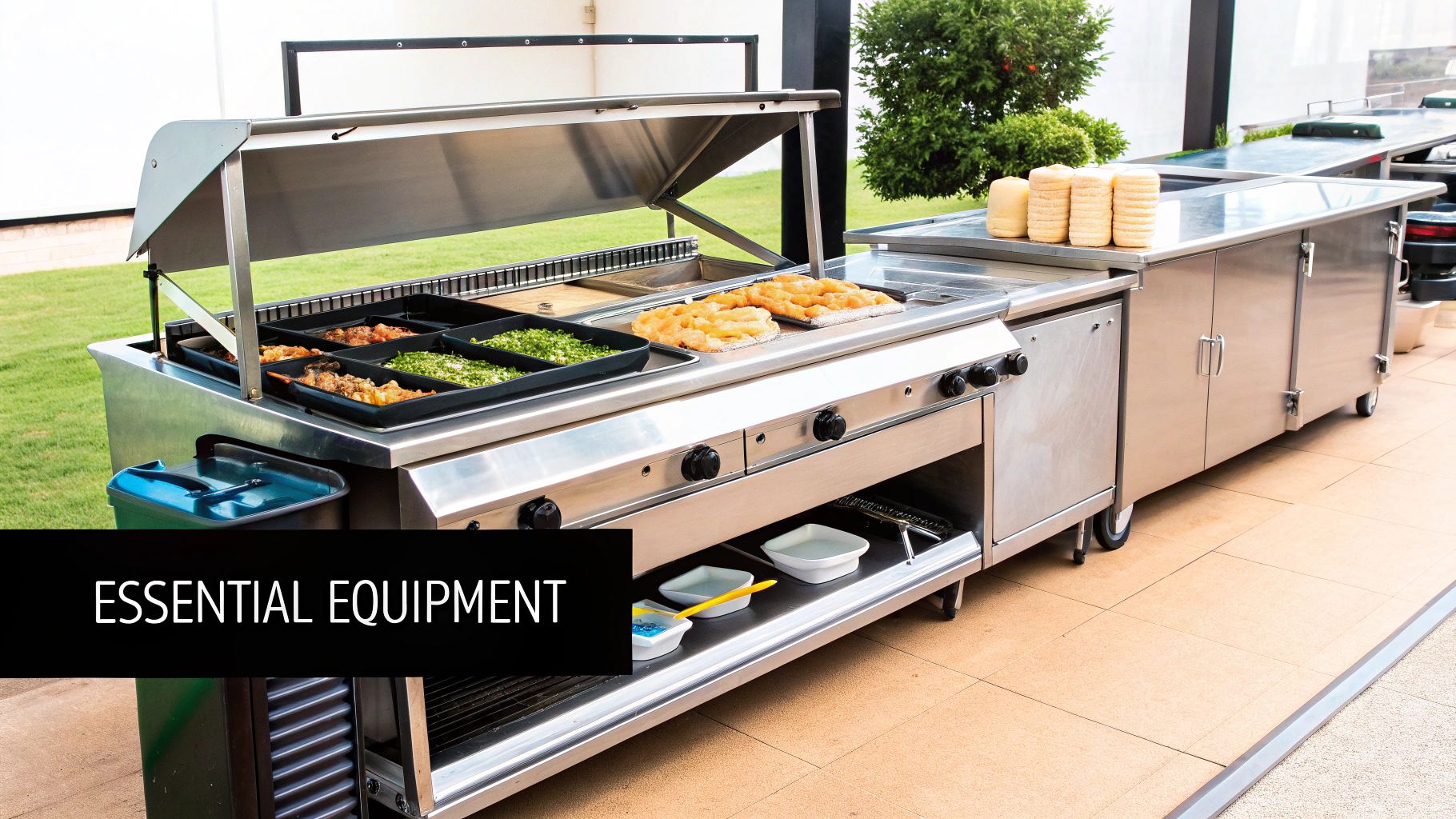 Shiny stainless steel outdoor buffet equipment with hot food trays and serving counters.