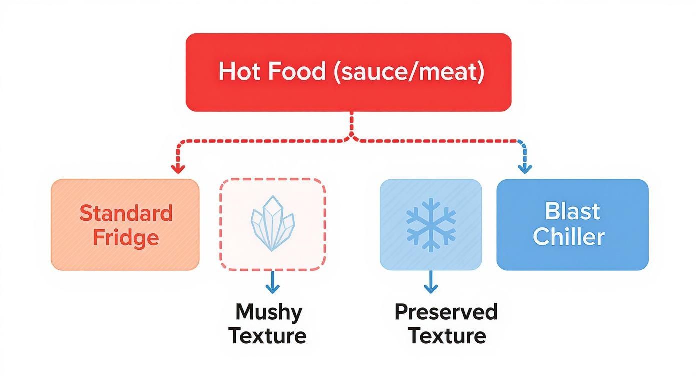 Flowchart comparing standard fridge and blast chiller methods for hot food, highlighting texture preservation.