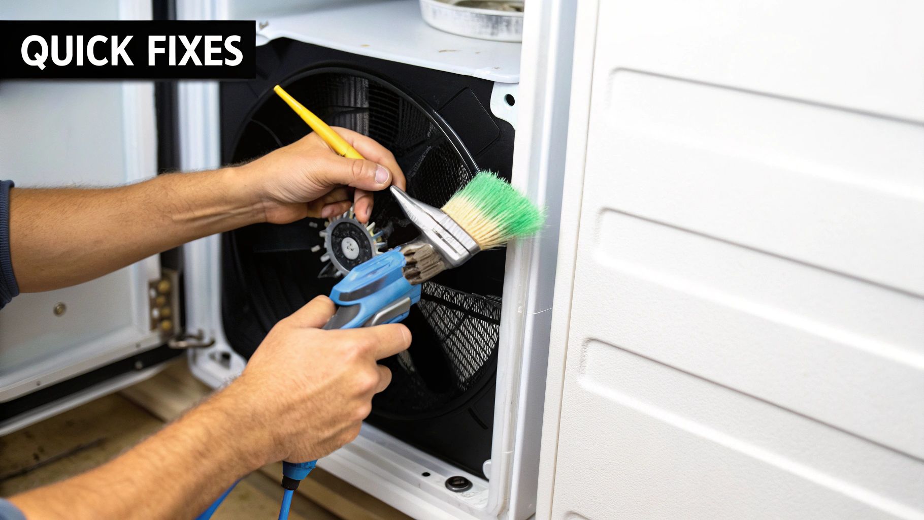 Person cleaning a large appliance's fan with a brush and an air blower tool.