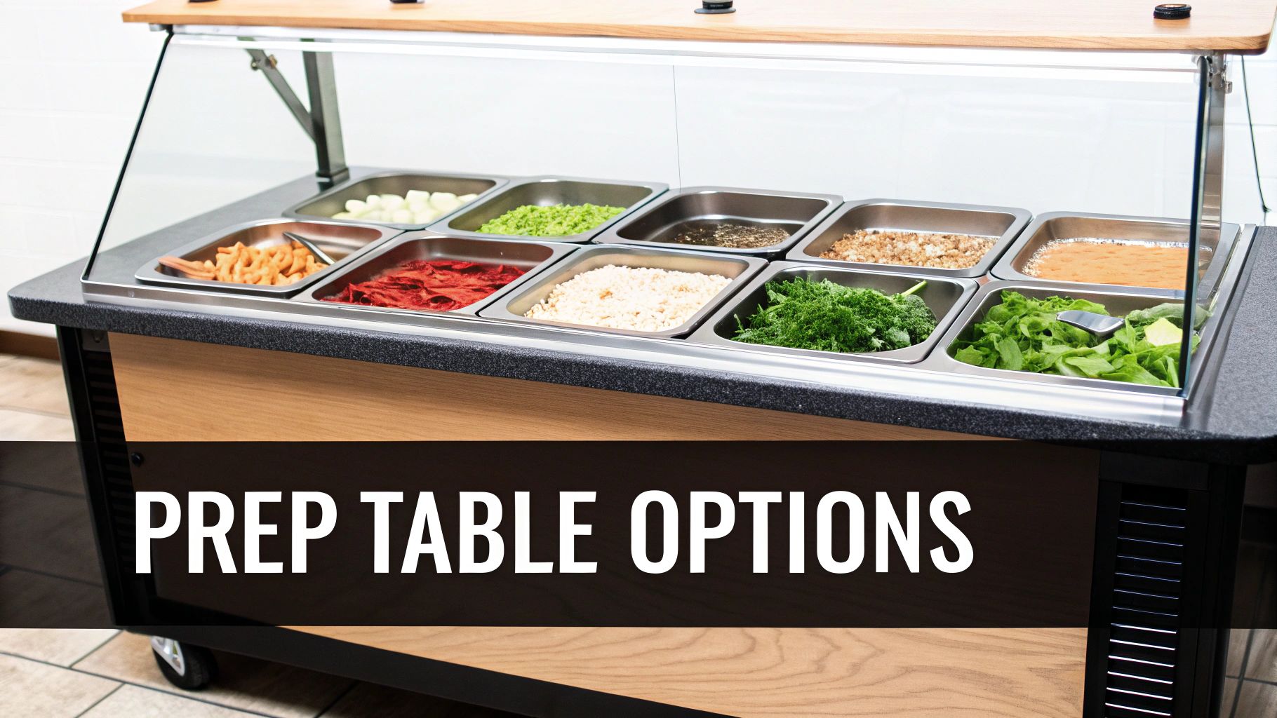 A commercial refrigerated prep table for a salad bar with assorted fresh ingredients and toppings.