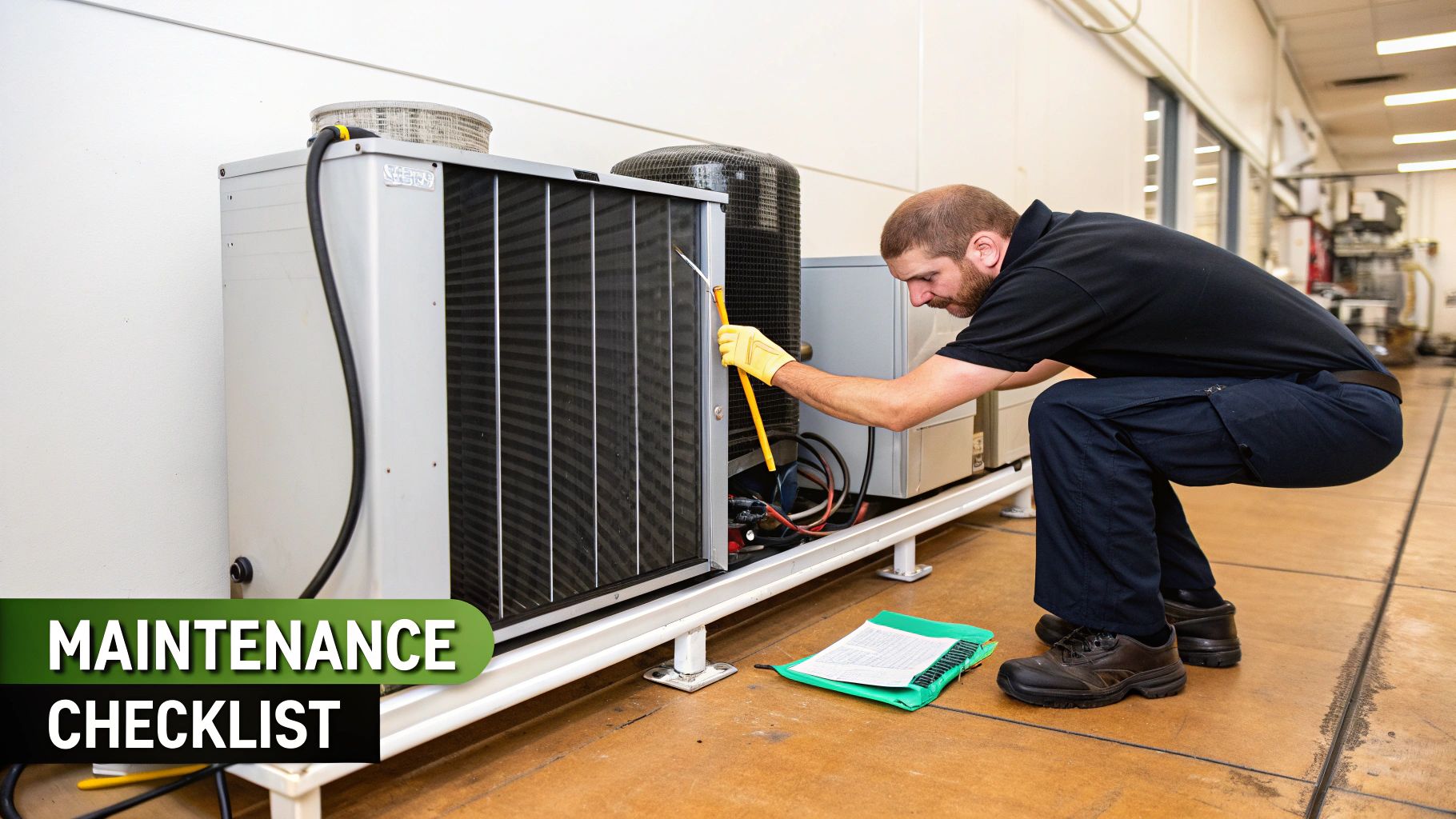 A technician wearing yellow gloves cleans the fins of a commercial refrigeration unit with a yellow tool.
