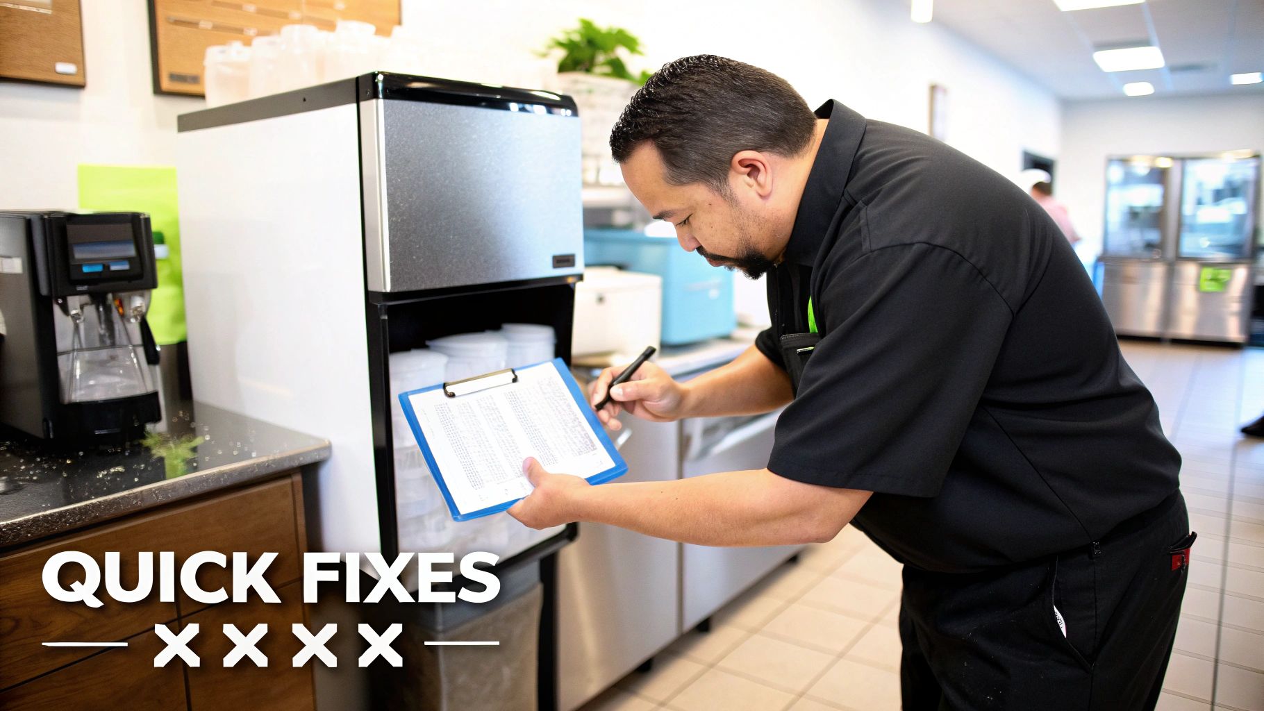 A technician inspects a commercial ice maker with a clipboard and pen, checking for issues.