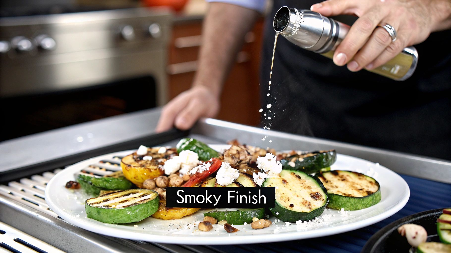 A chef adds seasoning to a plate of grilled zucchini, yellow squash, chickpeas, and feta cheese.