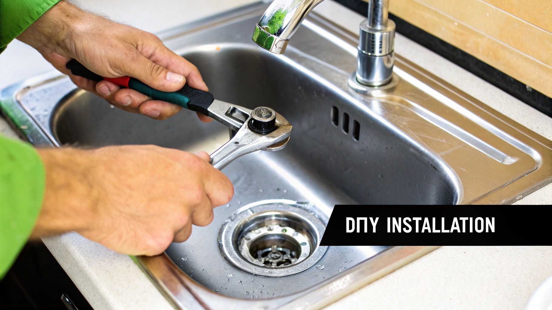 A person's hands installing a stainless steel sink drain with plumber's putty.