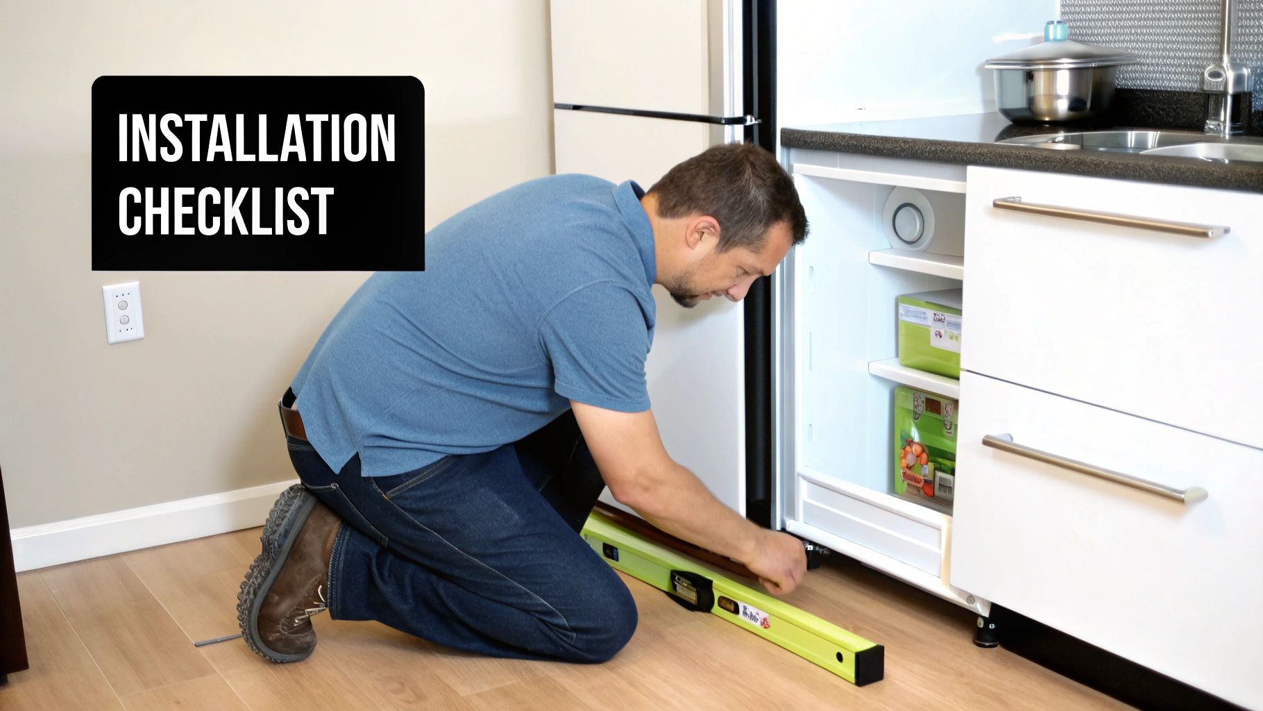 A man uses a level to adjust and install an under-counter refrigerator in a kitchen.
