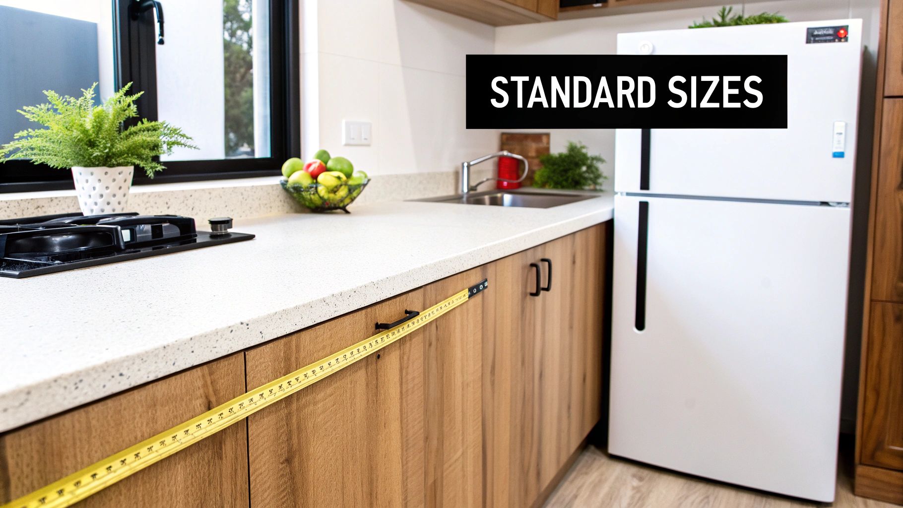 Modern kitchen with wooden cabinets and measuring tape showing standard under counter refrigerator dimensions
