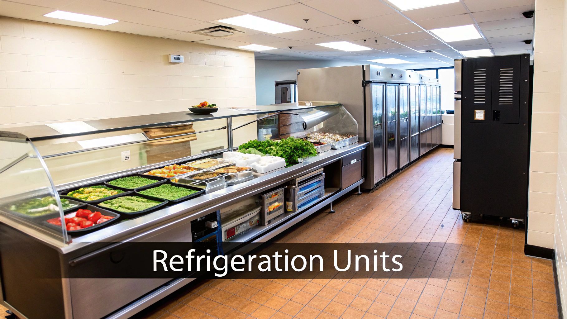 A commercial kitchen serving line with fresh food displays and a row of industrial refrigeration units.