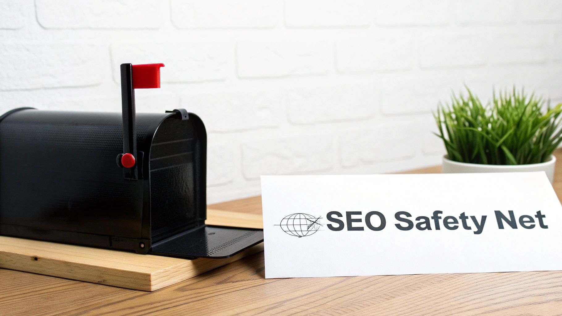 Black mailbox with red flag next to SEO Safety Net business card on wooden desk