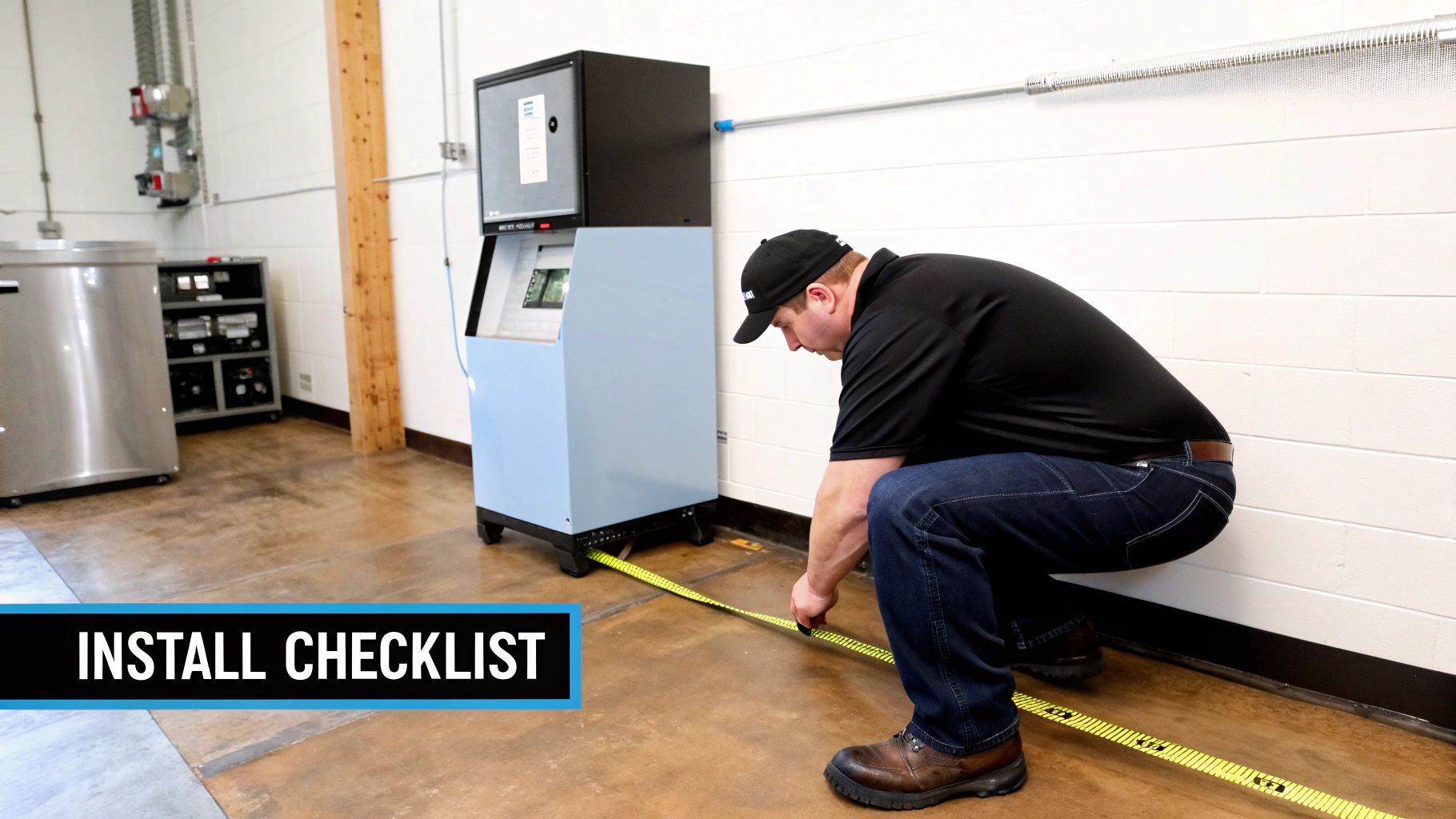 Technician measuring installation space for ice maker and water dispenser unit with tape measure