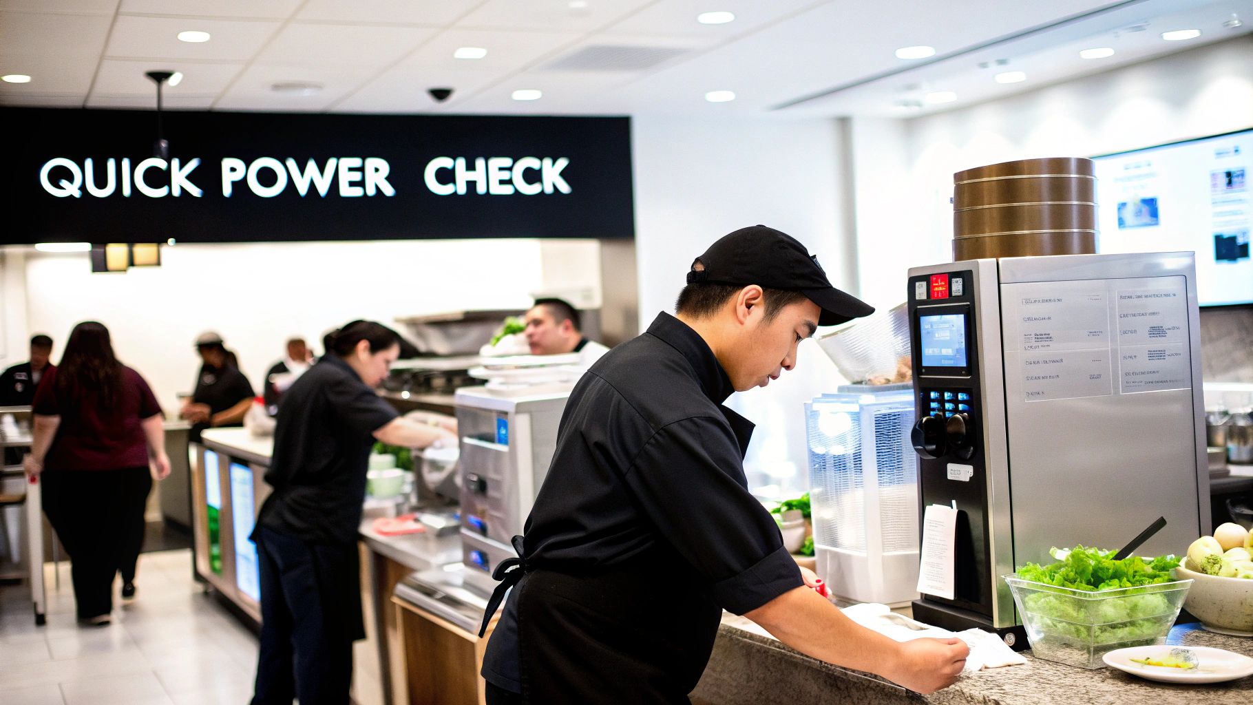 A food service worker in a black uniform works at a counter with a beverage dispenser and fresh greens.