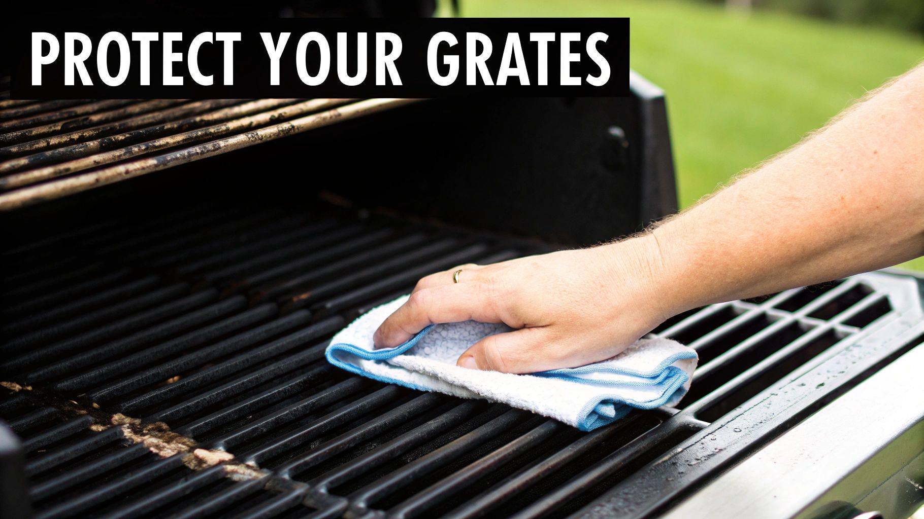 A person's hand uses a white cloth to clean food residue off a dirty grill grate.
