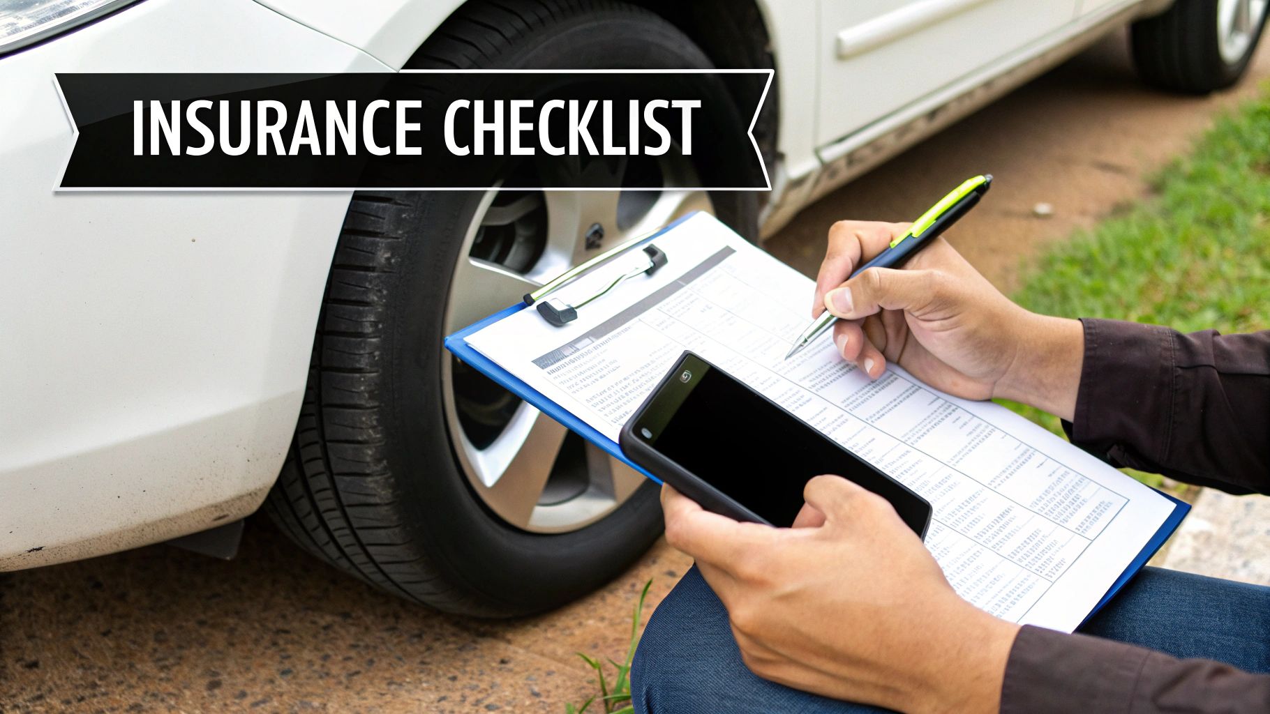 A person fills out an insurance checklist on a clipboard next to a white car, holding a smartphone.