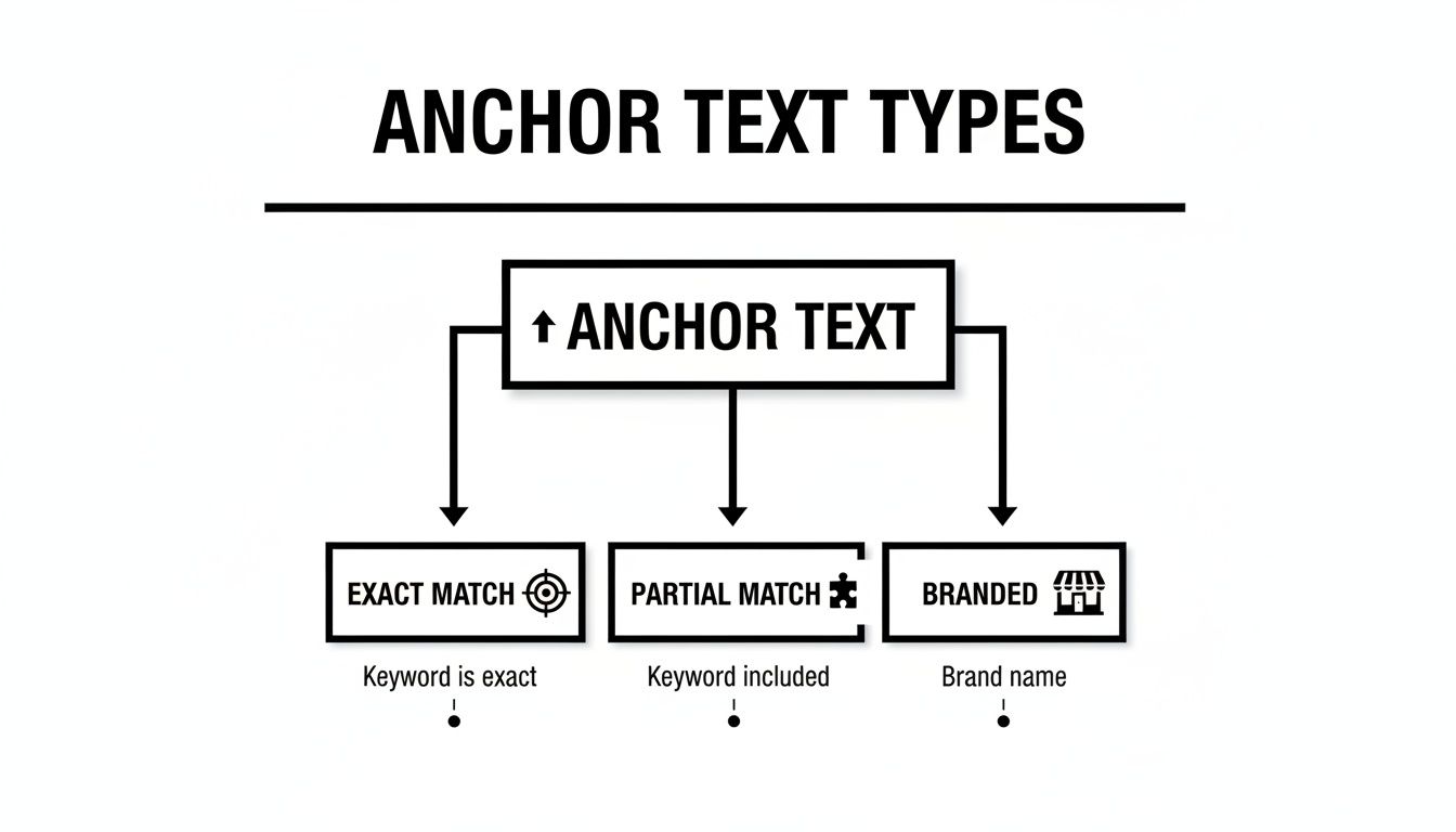 Flowchart illustrating three types of anchor text: exact match, partial match, and branded, with definitions.