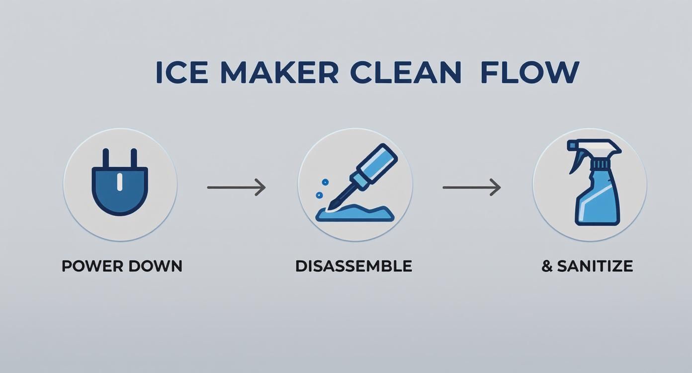 Three-step visual guide for commercial ice maker cleaning: power down, disassemble, and sanitize.