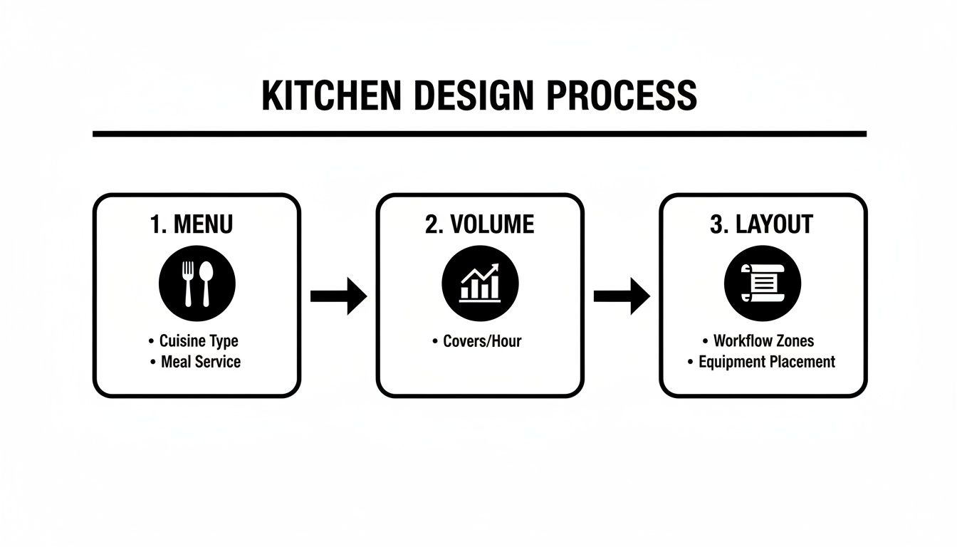 Diagram illustrating the three-step kitchen design process: Menu, Volume, and Layout stages with key considerations.