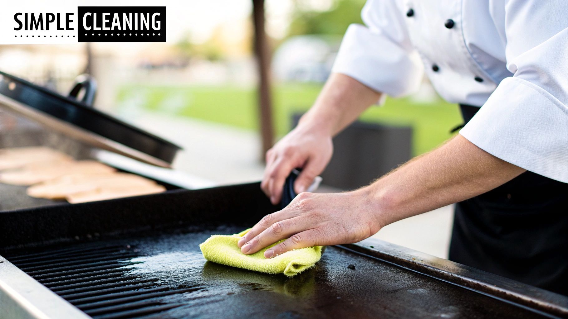 A chef seasoning a commercial flat top grill.