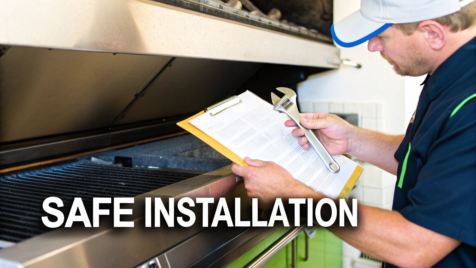 HVAC technician inspecting commercial kitchen equipment with clipboard and wrench for safe installation compliance