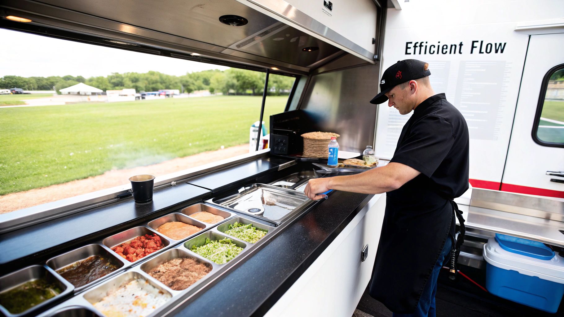 Inside a food truck kitchen, a chef in a black apron prepares food at a counter with various ingredients.