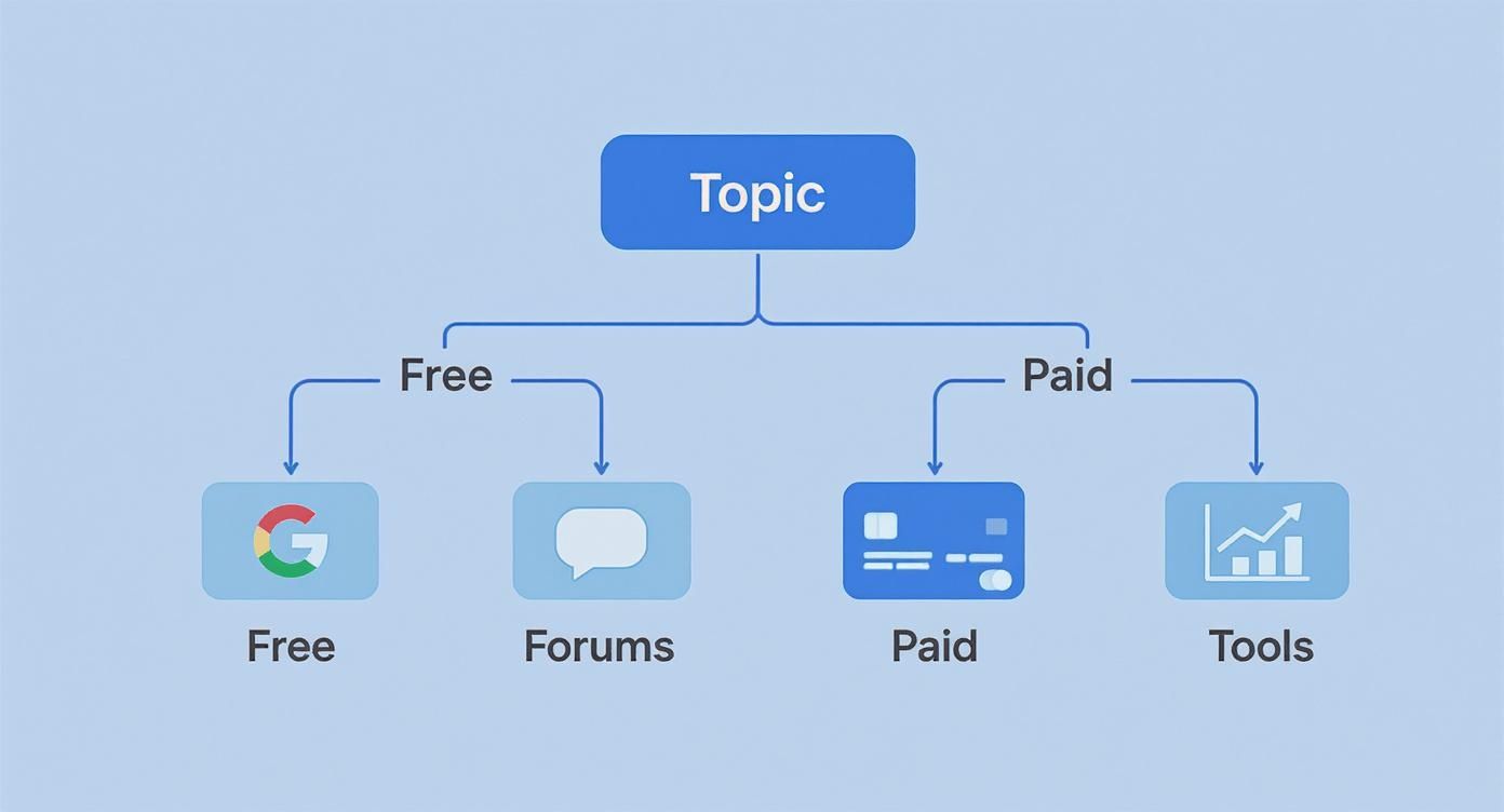 A concept map showing a 'Topic' breaking down into 'Free' options (Google, Forums) and 'Paid' options (Credit Card, Tools).