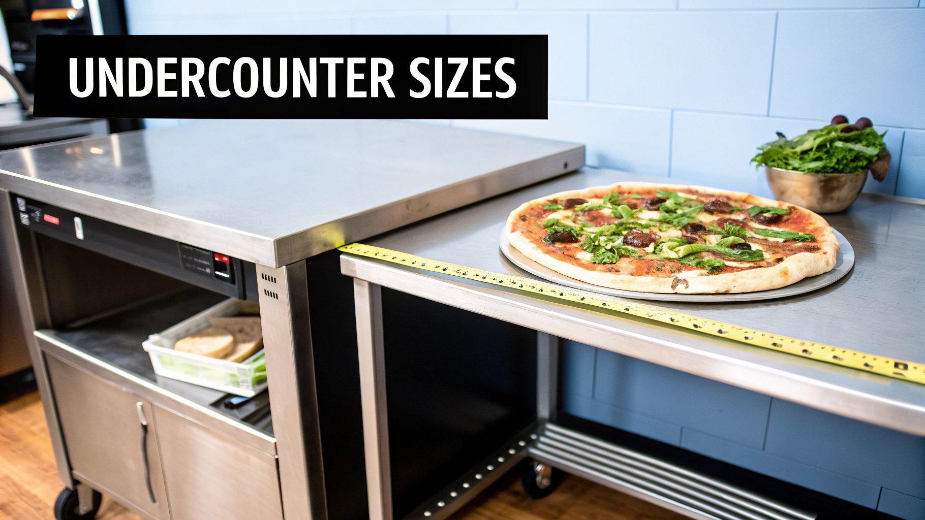 An under-counter refrigerator neatly fitted into a modern commercial pizza kitchen setting.