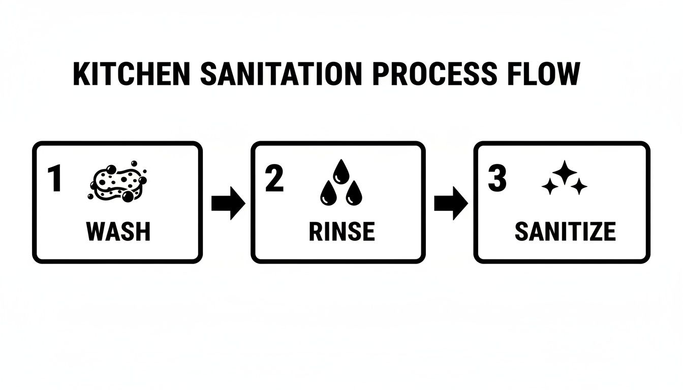 Flowchart showing a three-step kitchen sanitation process: wash, rinse, and sanitize for cleanliness.