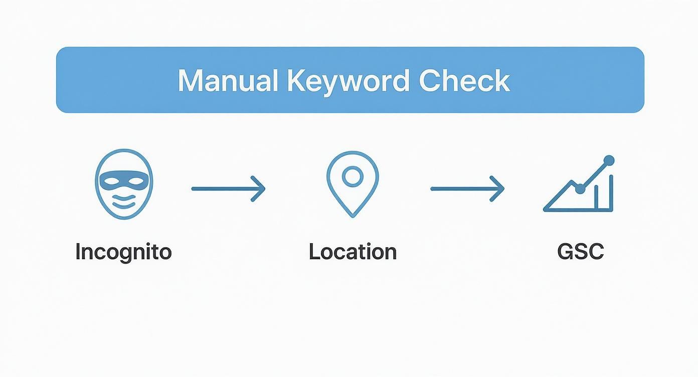 Infographic showing the process for a manual keyword check using an incognito window, location settings, and Google Search Console.