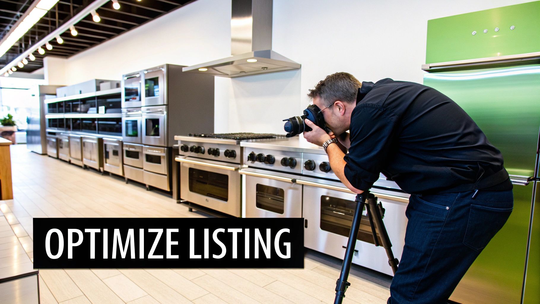 A professional photographer captures high-quality images of kitchen appliances for online listings.