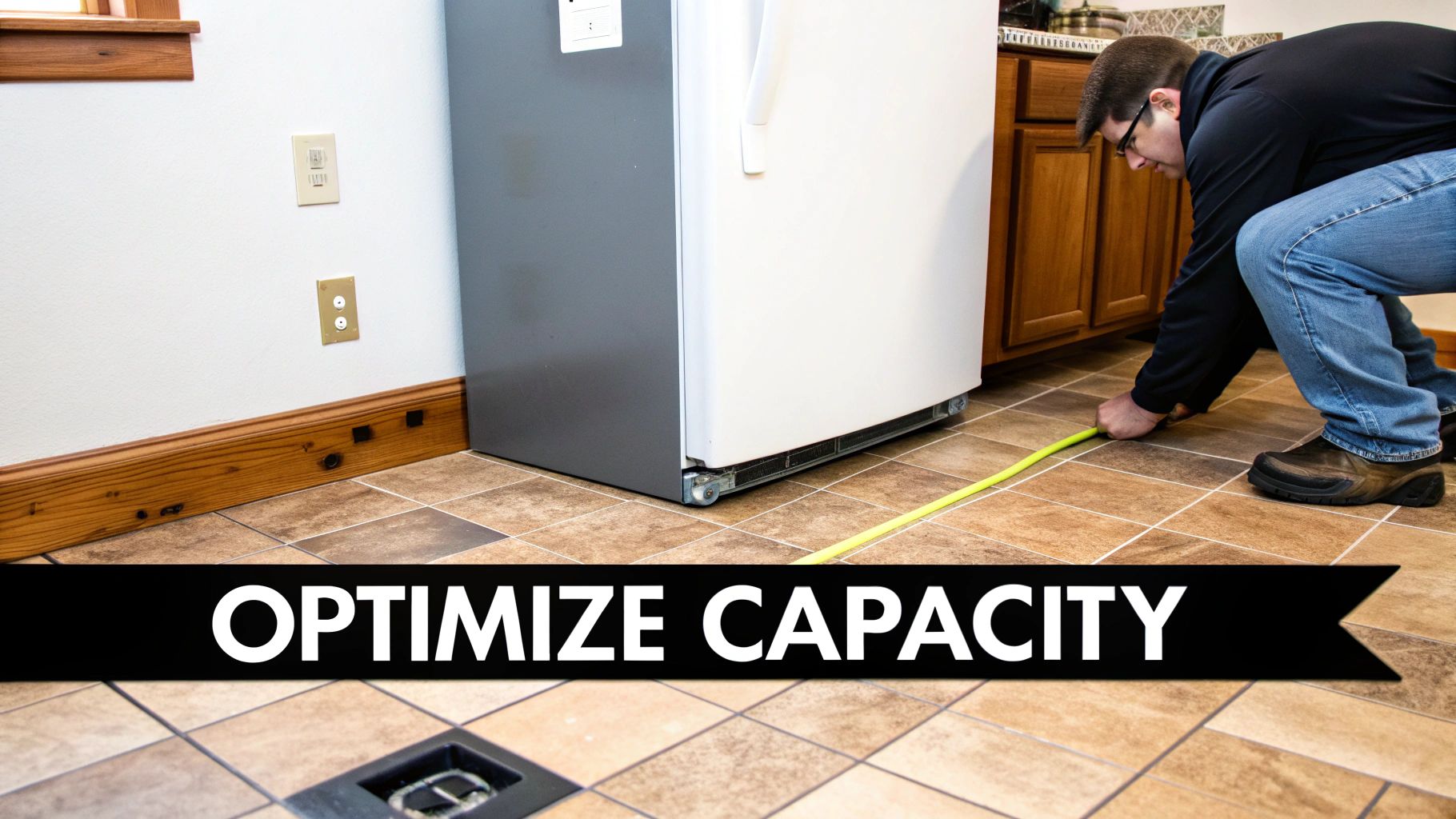 A man in glasses measures the space next to a white refrigerator with a yellow tape measure on a tiled kitchen floor.