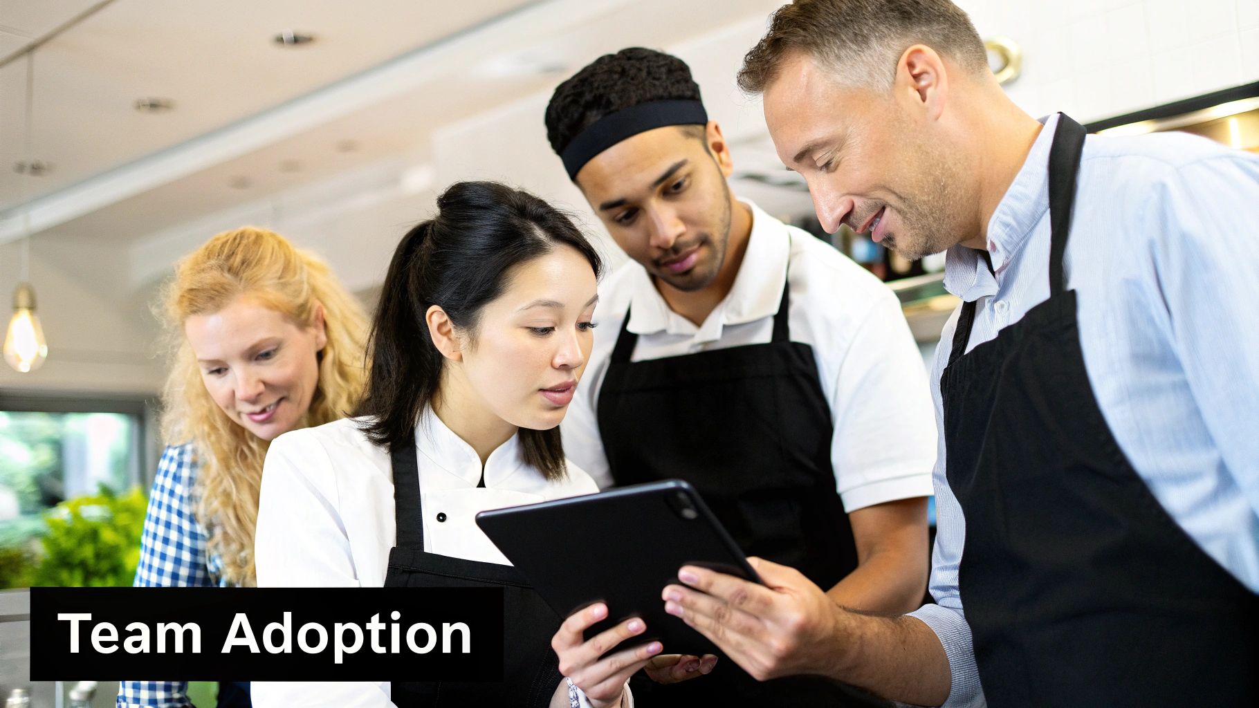 A restaurant manager training their team in a bright, modern kitchen setting.