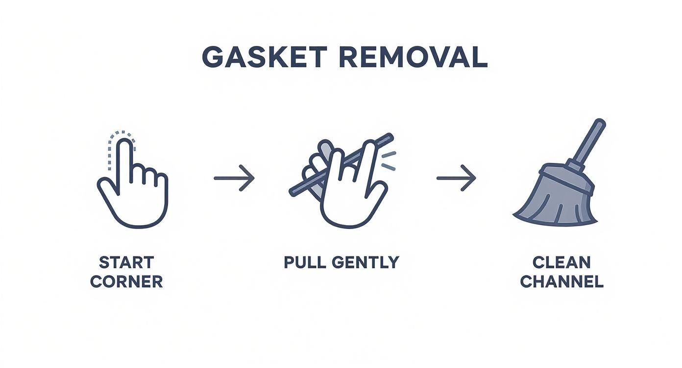 Infographic detailing the gasket removal process with icons for starting at a corner, pulling gently, and cleaning the channel.