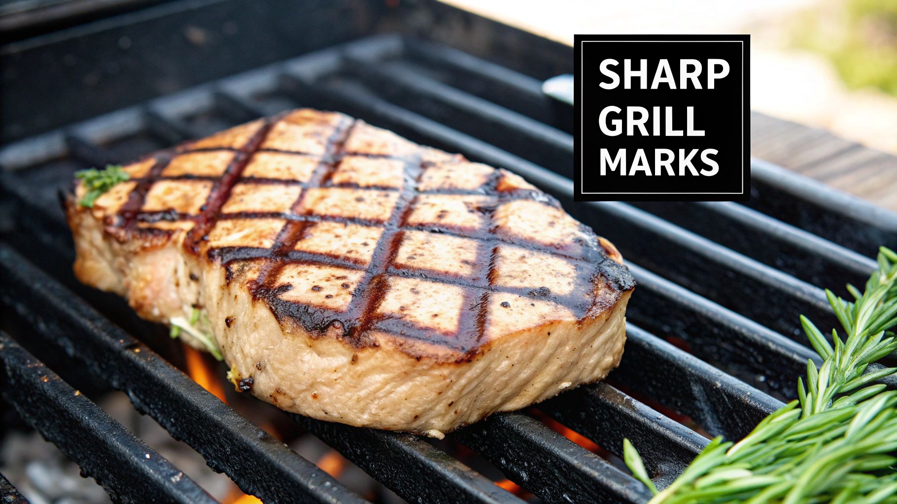 A perfectly grilled steak with diamond-pattern grill marks on a charbroiler grate.