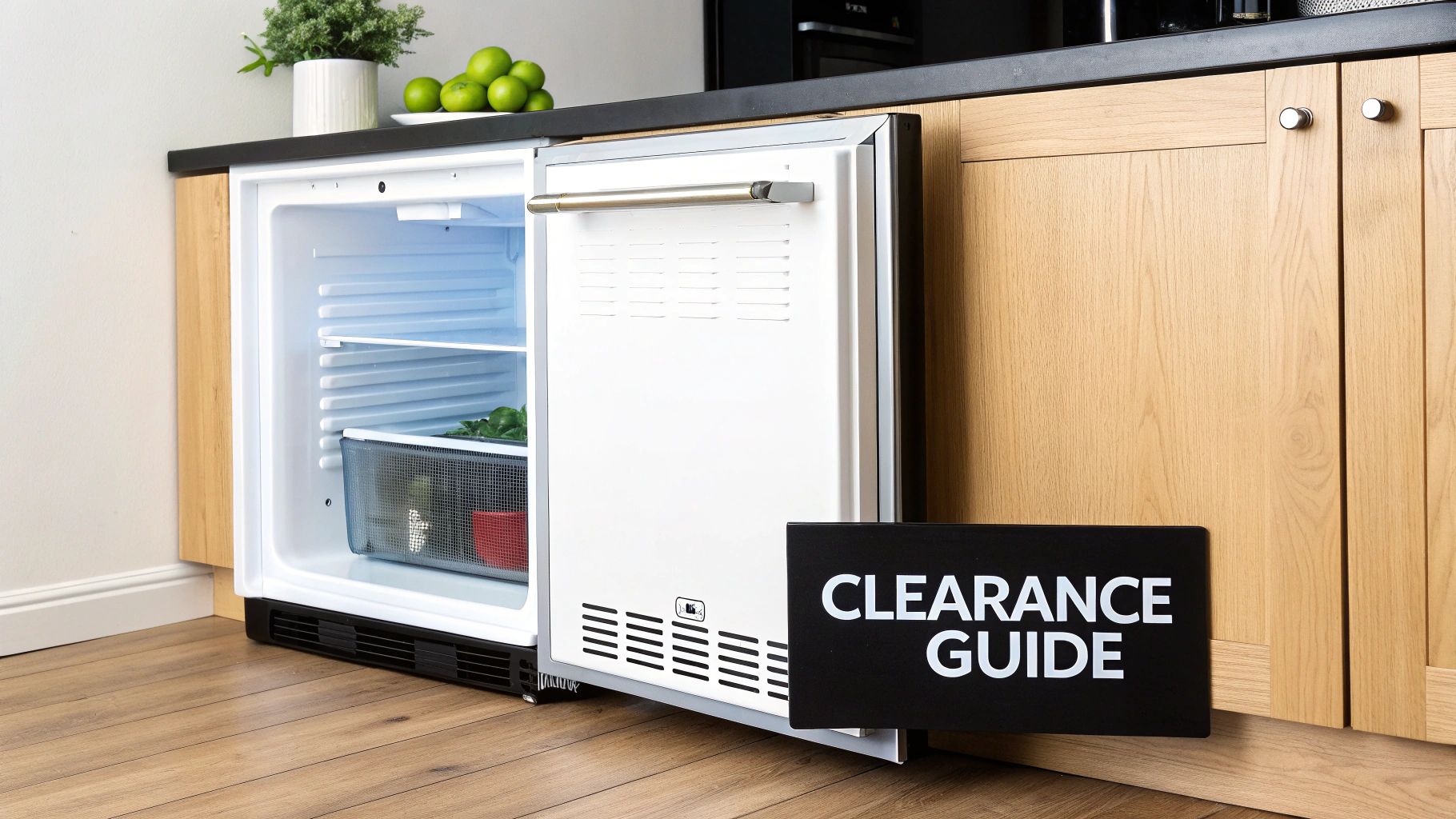 An open under-the-counter refrigerator built into light wooden kitchen cabinets with a black countertop.