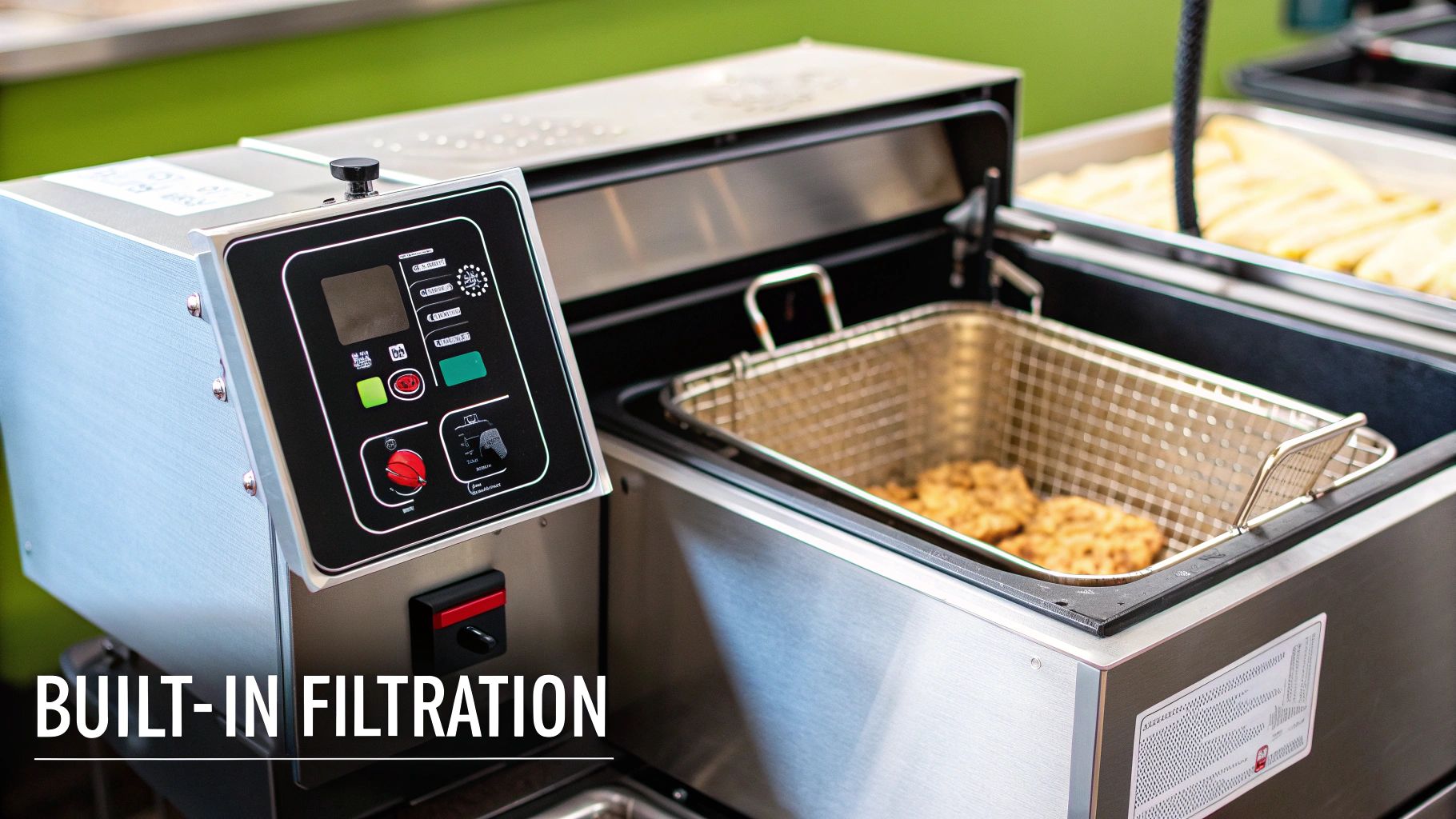 A stainless steel commercial deep fryer with a control panel, a frying basket, and cooked food inside.