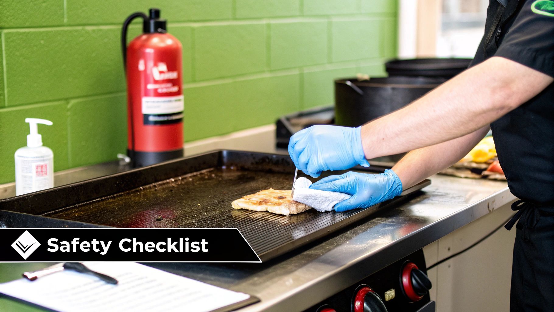 A gloved chef prepares food on a grill in a commercial kitchen, with safety equipment visible.