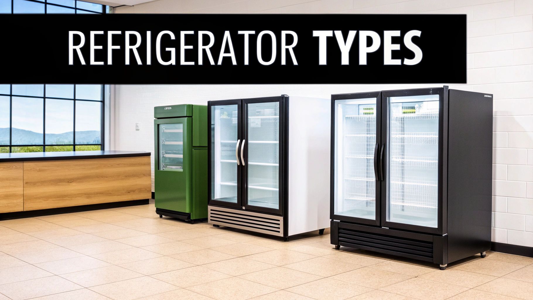 Three different commercial refrigerator types, including a green single-door and two large glass-door display fridges.