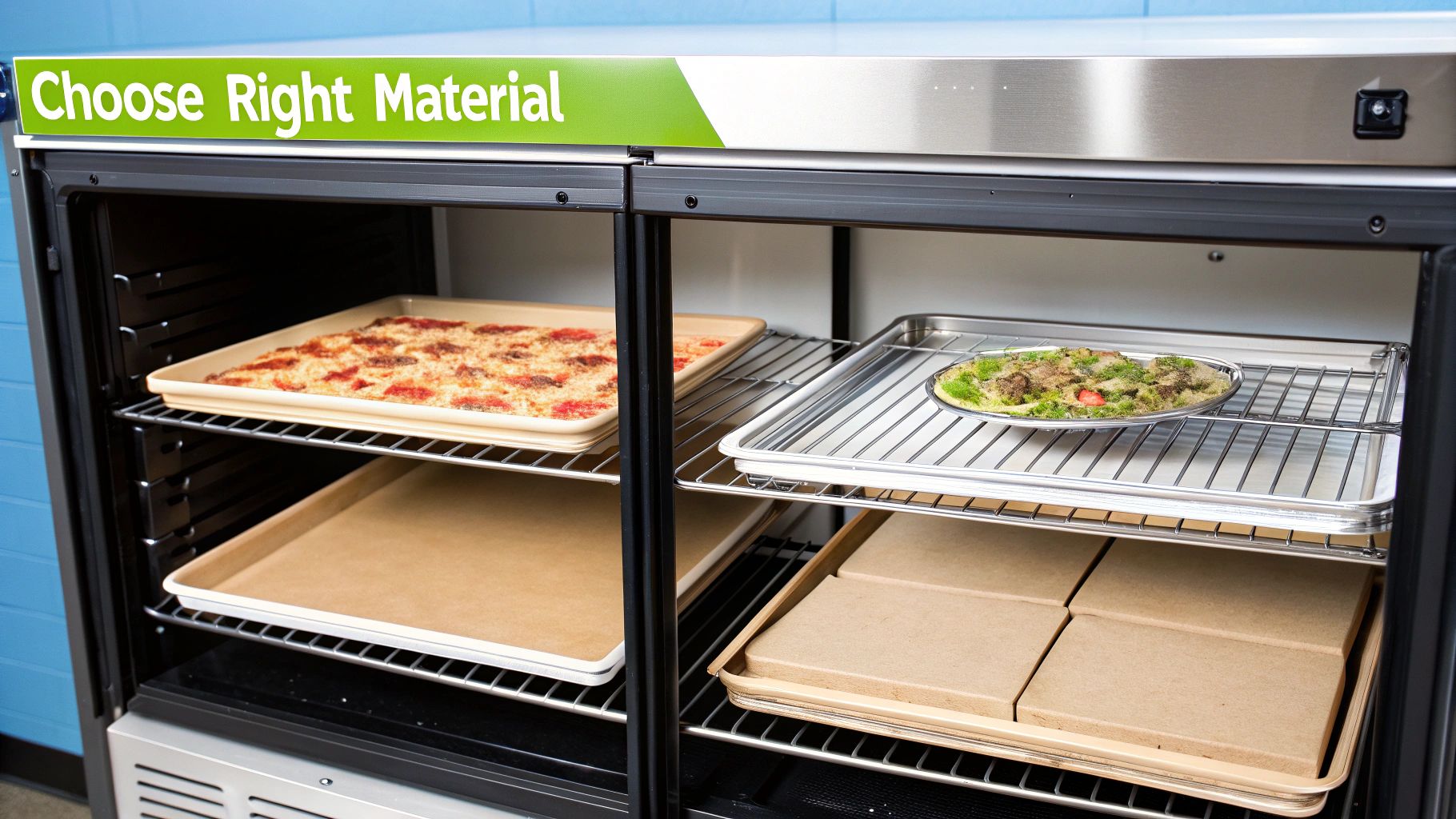 A clean, organized pizza prep table freezer with neatly arranged ingredients on sturdy replacement freezer shelves.
