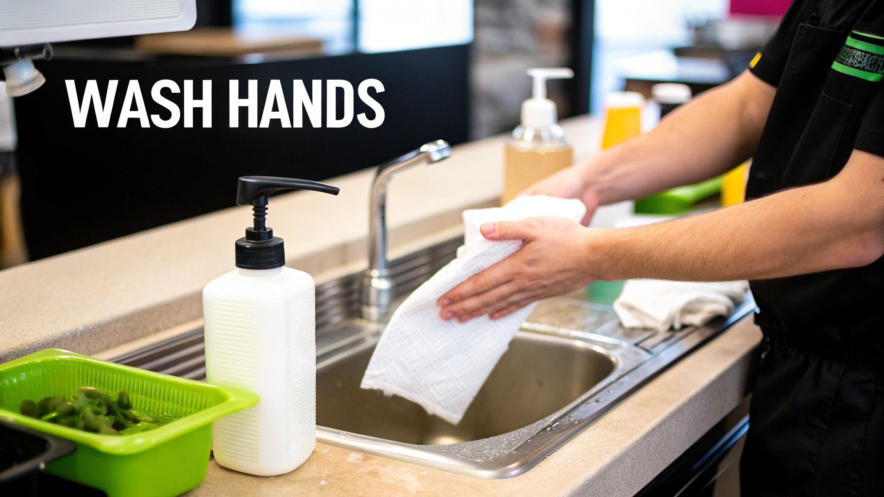 A person in a black uniform drying hands with a white towel at a kitchen sink with soap.